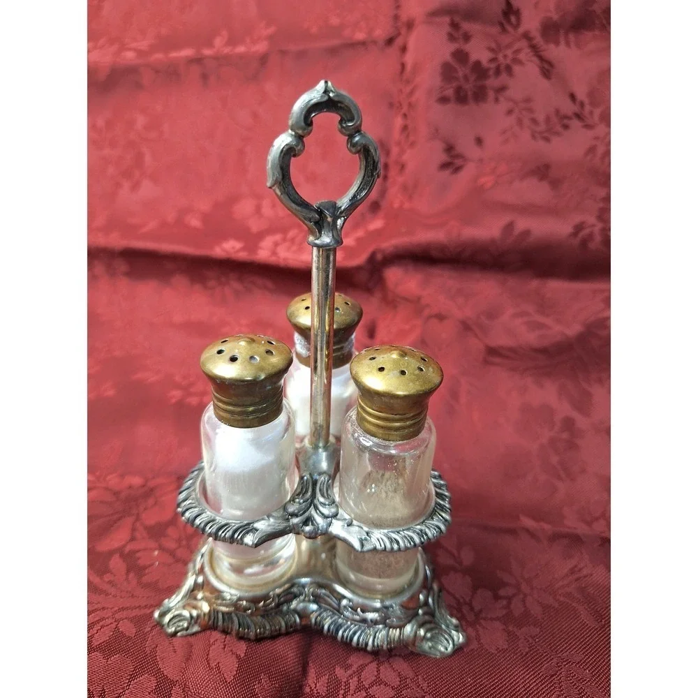 Vintage‎ Ornate Silver Tone Condiment Caddy with 3 Glass Shakers Brass Lids